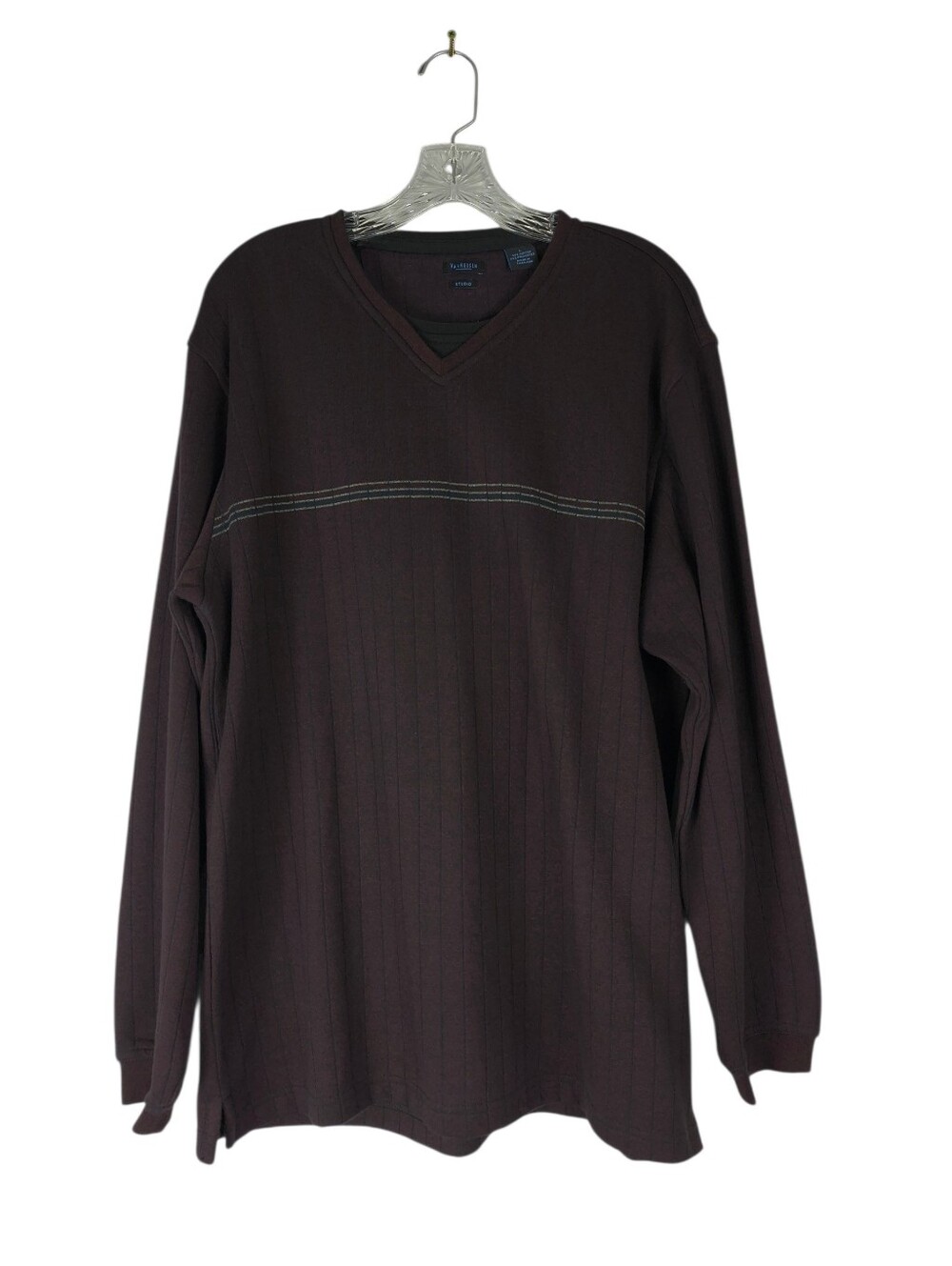 Van Heusen Sweater Men's L Burgundy V Neck Long Sleeve Ribbed Stripe Pullover
